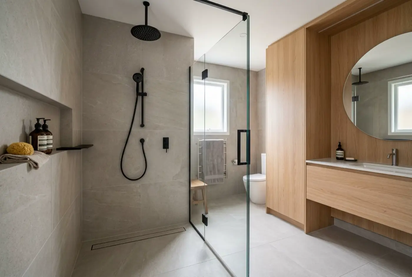 Hochwertig sanierte Walk-in-Dusche mit Glaswand und Holzakzenten