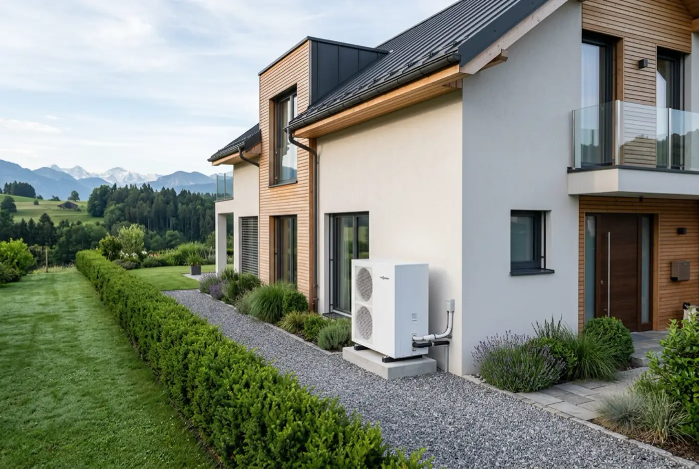 Moderne Luft-Wasser-Wärmepumpe neben einem Einfamilienhaus