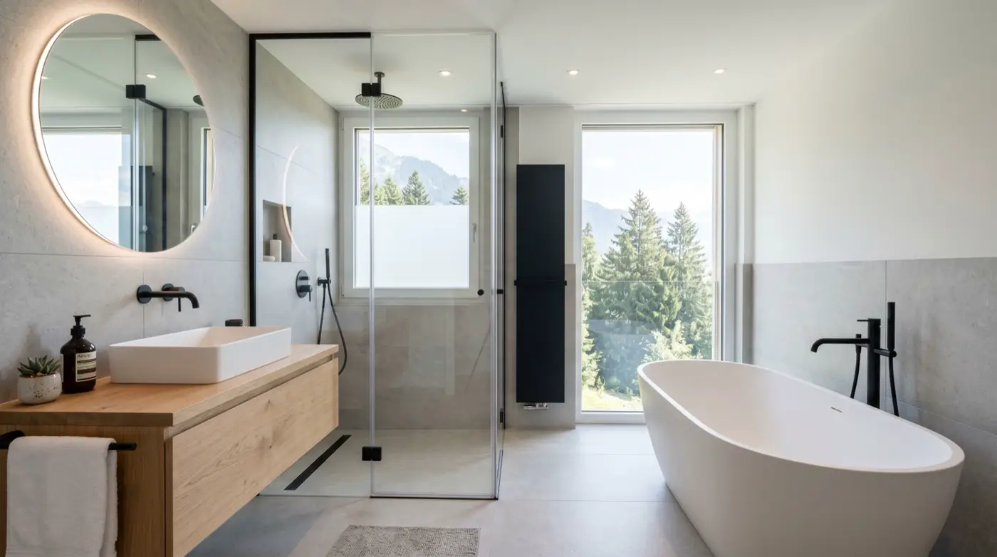 Modernes helles Badezimmer mit freistehender Badewanne
