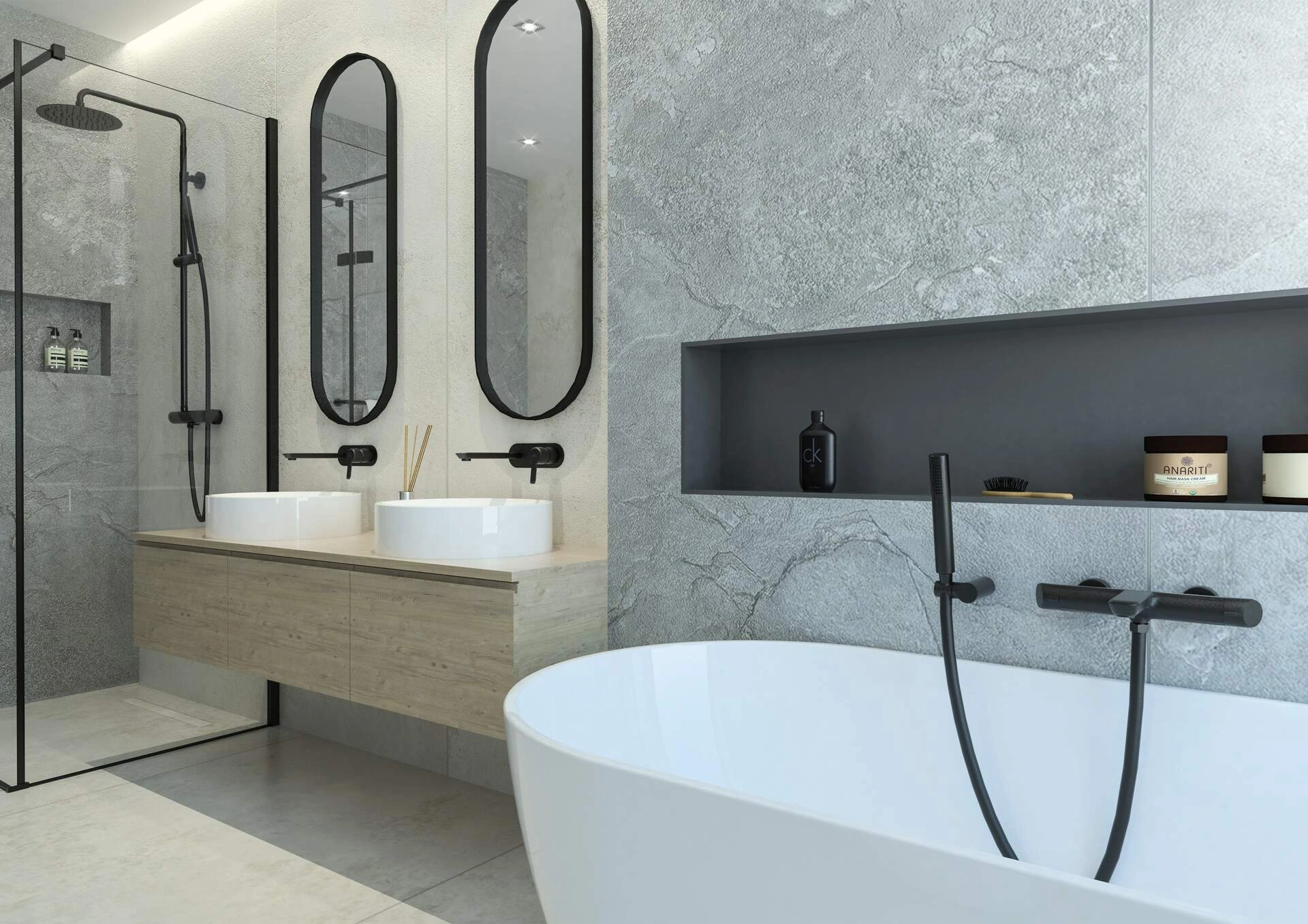 Modernes Badezimmer in Steinoptik mit Doppelwaschtisch, freistehender Wanne und Walk-in-Dusche