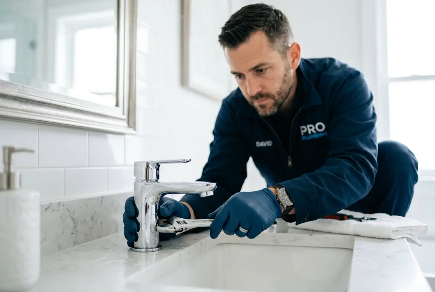 Servicetechniker repariert eine Armatur am Lavabo