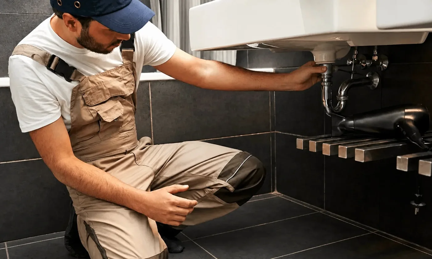 Servicetechniker der Tschanz Haustechnik AG repariert den Siphon unter dem Lavabo
